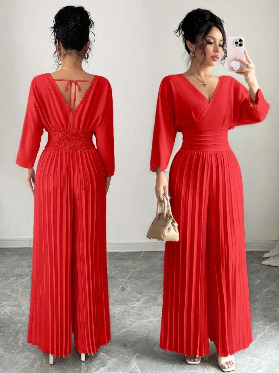 Damen Eleganter Plissee-Jumpsuit mit V-Ausschnitt Drune