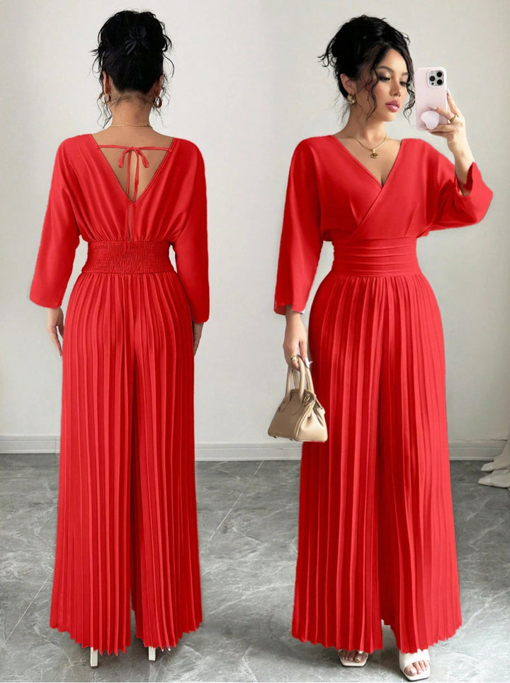 Damen Eleganter Plissee-Jumpsuit mit V-Ausschnitt Drune