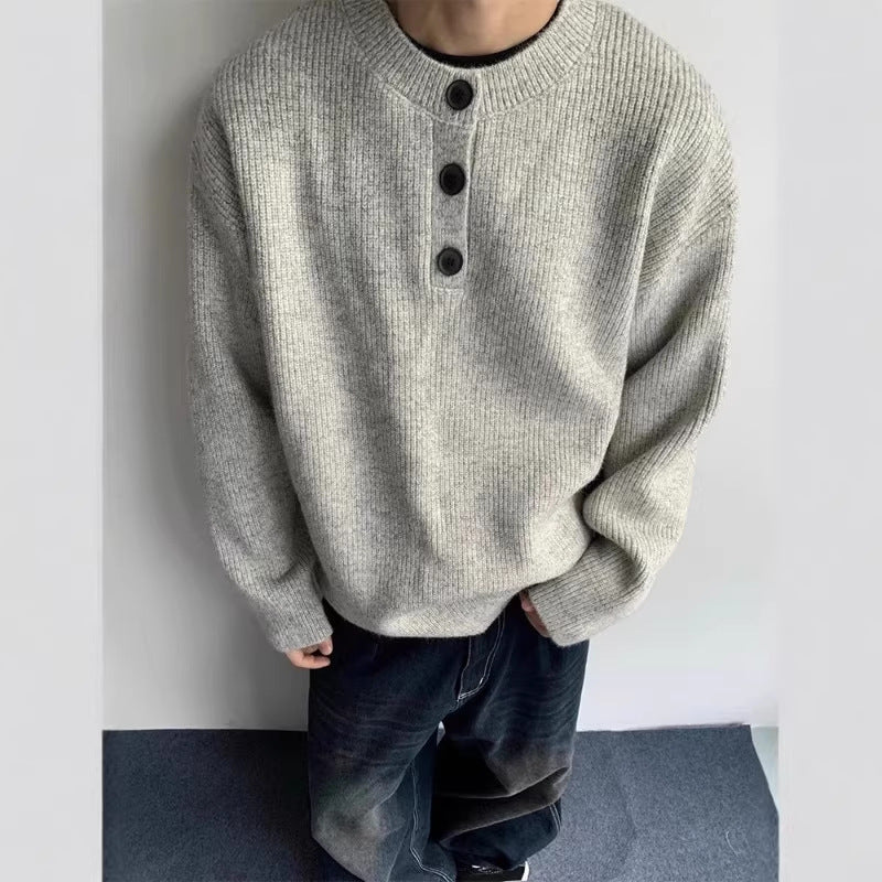 Herren Oversized Strickpullover mit Dreiknopf-Henleypasse Drune