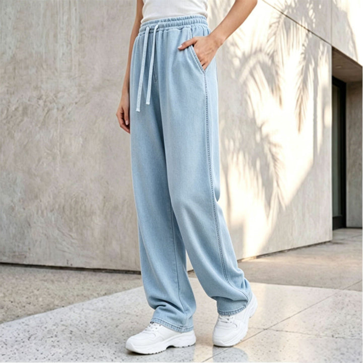 Damen nan weite Loungepalazzo-Hose mit hohem Komfortbund, Kordelzug, seitlichen Eingrifftaschen und dekorativer Seitennaht Drune