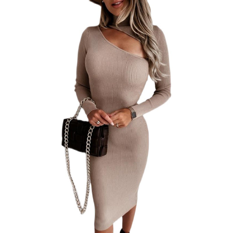 Damen figurbetontes Strickkleid mit asymmetrischem Ausschnitt und langen Ärmeln Drune