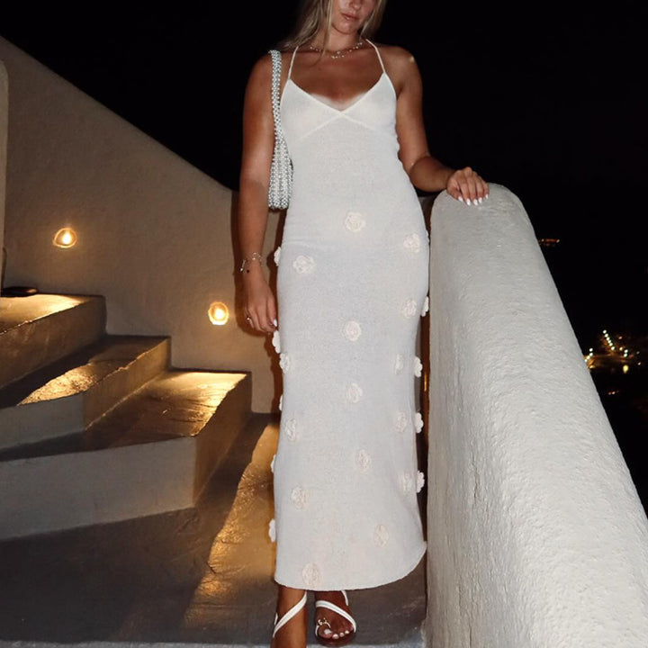 Damen Elegantes gehäkeltes Maxikleid mit floralen Applikationen Drune