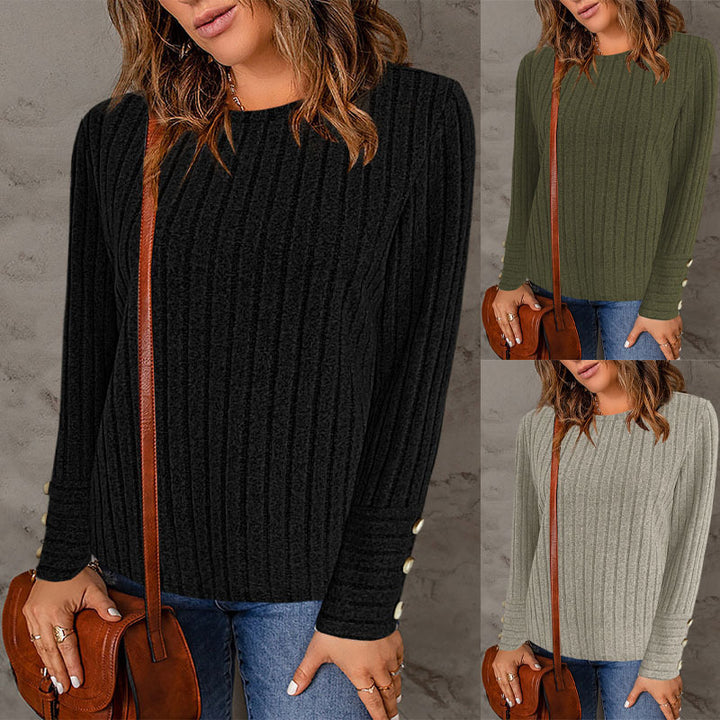 Damen Gerippter Feinstrick-Pullover mit Rundhals und Perlmuttknopf‑Manschetten Drune