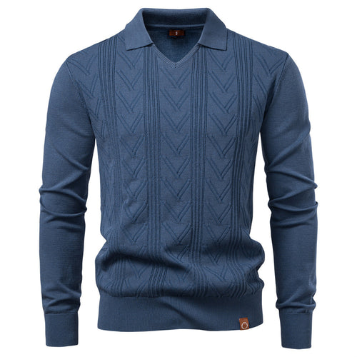 Herren nan feiner Strick-Polopullover mit V-Ausschnitt, Zickzackstruktur und Kentkragen Drune