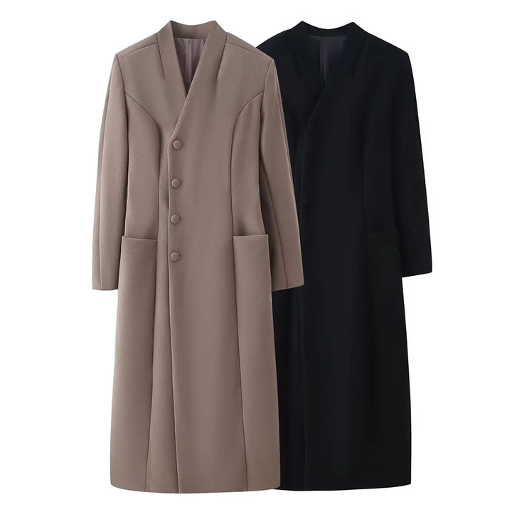 Damen nan minimalistischer langer Mantel mit schmalem Schalkragen und aufgesetzten Taschen Drune