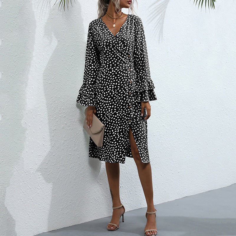 Damen Midi-Wickelkleid im Tupfenmuster mit Volant-Bündchen & Taillenkordel Drune