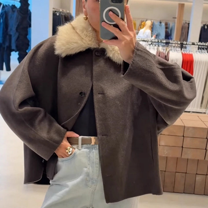 Damen Boxy-Cropped Wollmix-Jacke mit weichem Kunstpelz‑Schalkragen Drune