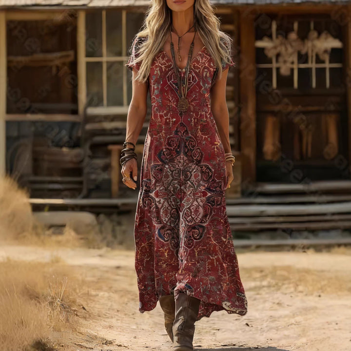 Damen Maxikleid mit v-ausschnitt und kunstvollem Druck Drune
