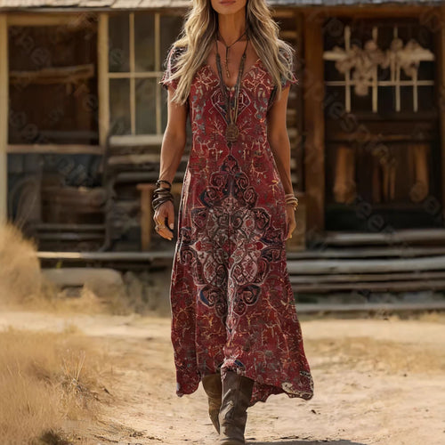 Damen Maxikleid mit v-ausschnitt und kunstvollem Druck Drune