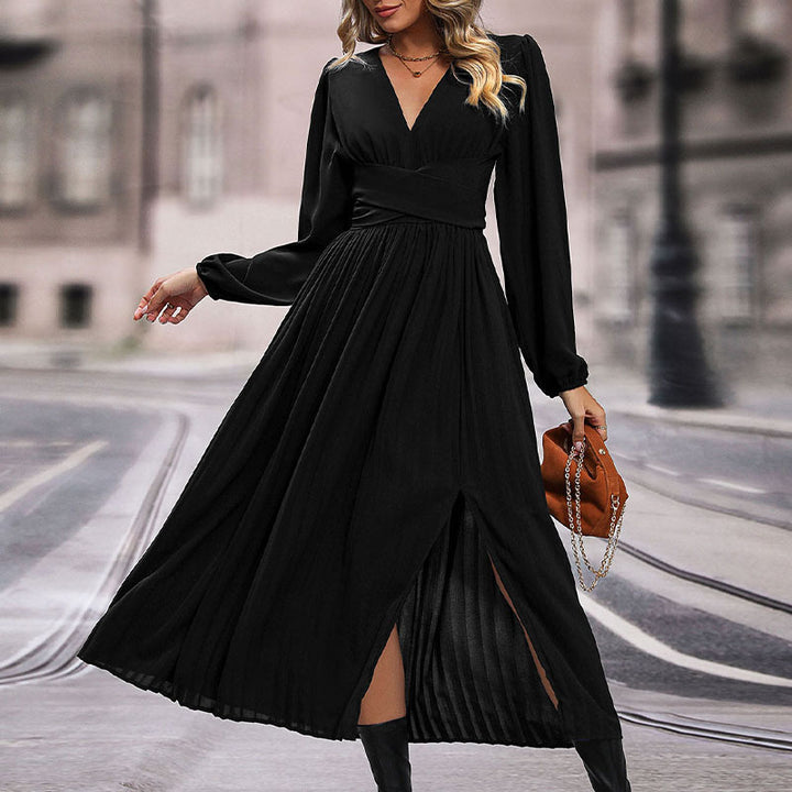 Damen Fließendes Maxikleid mit asymmetrischem Saum und V-Ausschnitt Drune
