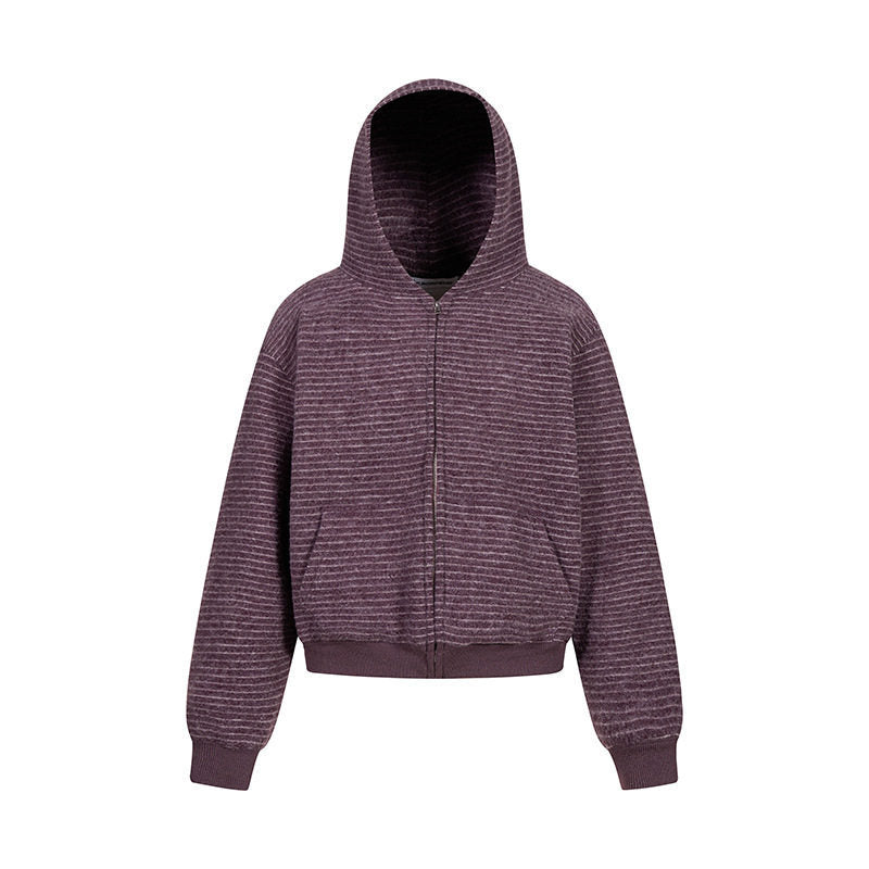 Damen Kurz geschnittene Kapuzen‑Zipjacke mit horizontalem Streifenrelief und elastischem Bund Drune
