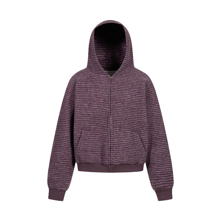 Damen Kurz geschnittene Kapuzen‑Zipjacke mit horizontalem Streifenrelief und elastischem Bund Drune
