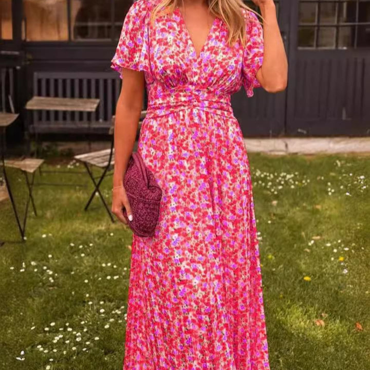 Damen Maxikleid mit elegantem V-Ausschnitt und verspieltem Puffärmel Drune
