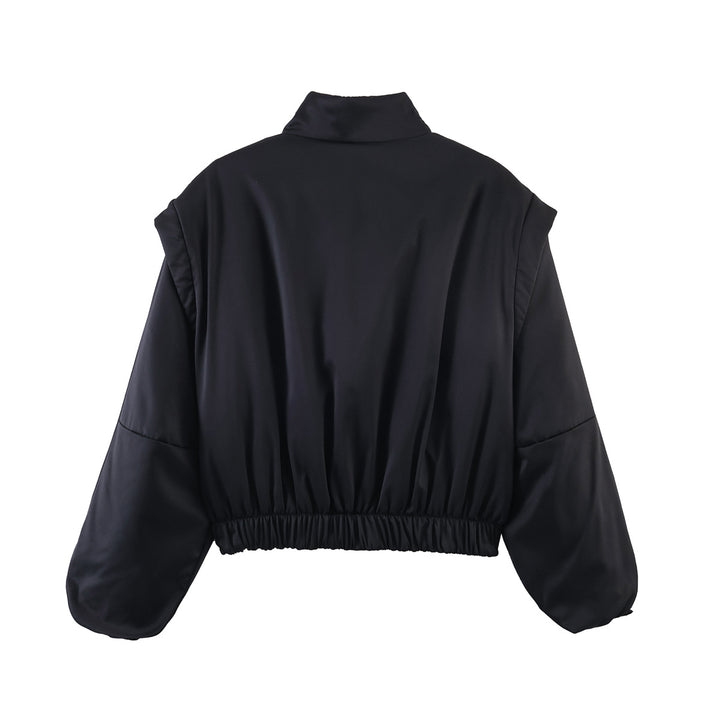 Damen Kurz geschnittene Windjacke mit Stehkragen, wattierter Fütterung und Ballonärmeln Drune
