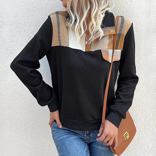 Damen Gestepptes Sweatshirt mit Karobesatz, Stehkragen und Druckknopfleiste Drune