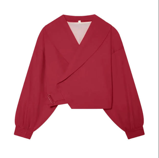 Damen 40+ Cropped Wickelblouson mit übergroßen Ballonärmeln und asymmetrischem Schnallenverschluss Drune