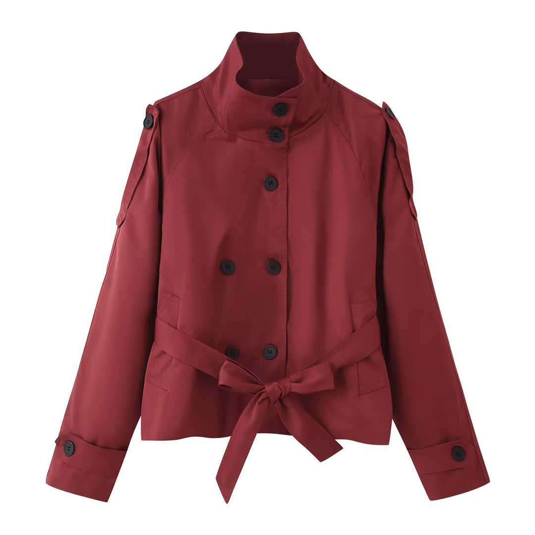Damen 400+ kurzer taillierter Trenchblouson mit Stehkragen, doppelreihiger Knopfleiste und Bindegürtel Drune