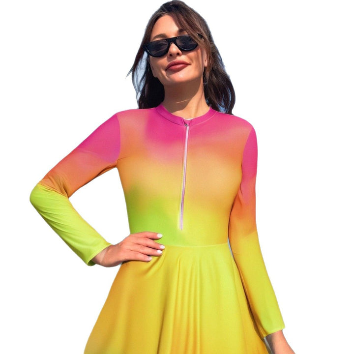 Damen Sportlicher Langarm Badeanzug mit schwingendem Rock Drune