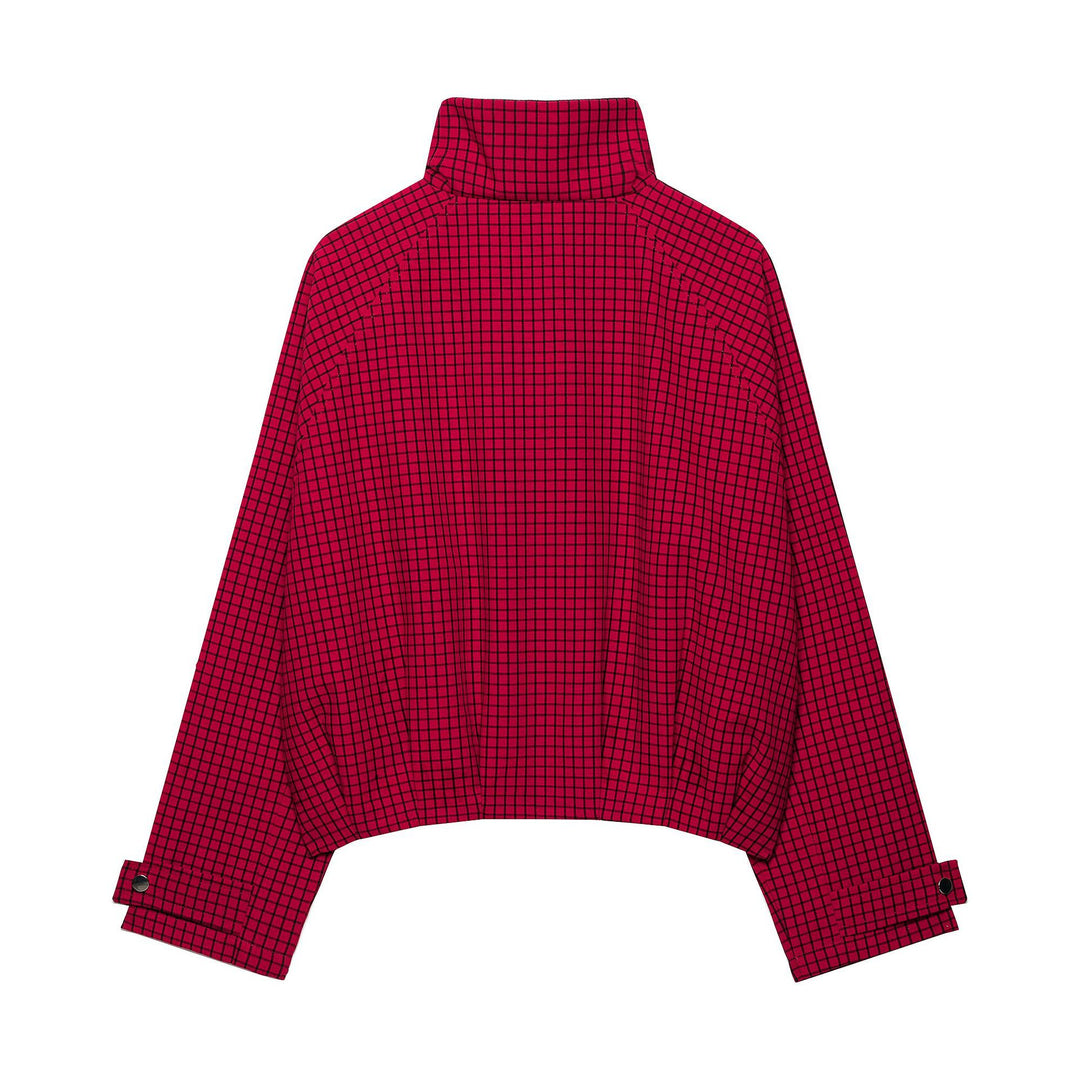 Damen Cropped Übergangsjacke mit hohem Stehkragen, Karomuster und elastischem Saum Drune