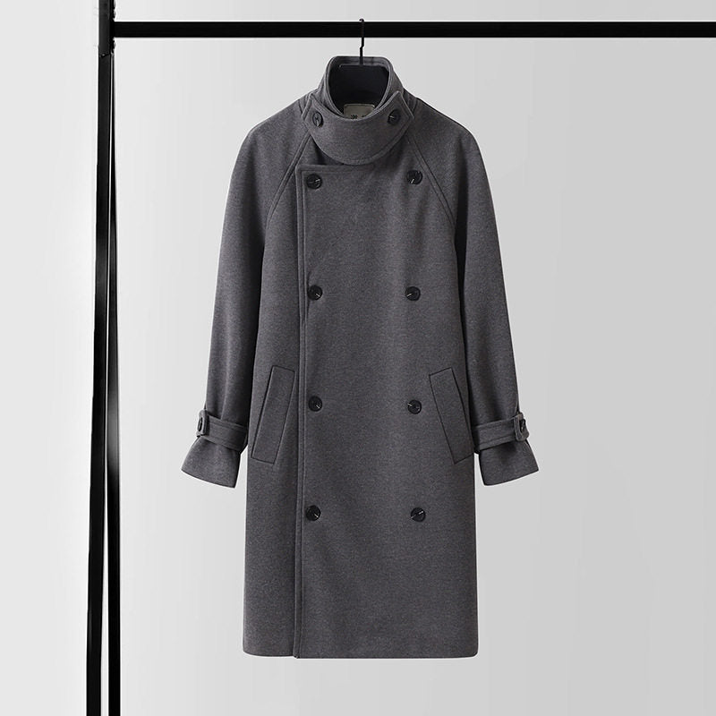 Herren Eleganter Mantel im Longcoat‑Stil aus Wollmix mit Doppelreihe, taillierendem Bindegürtel und dekorativer Schulterpasse Drune