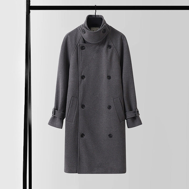 Herren Eleganter Mantel im Longcoat‑Stil aus Wollmix mit Doppelreihe, taillierendem Bindegürtel und dekorativer Schulterpasse Drune