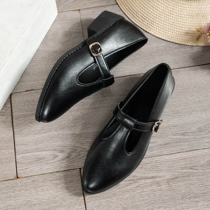 Damen Lack-Mary-Jane-Ballerinas mit spitzer Kappe, verstellbarem Riemen und kleinem Blockabsatz Drune