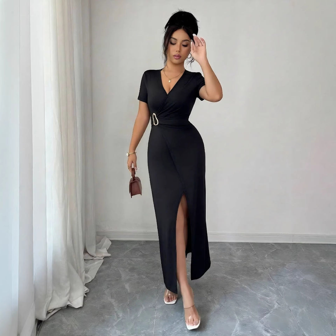 Damen nan figurbetontes Wickel-Midikleid mit V-Ausschnitt, Taillenring und hohem Beinschlitz Drune