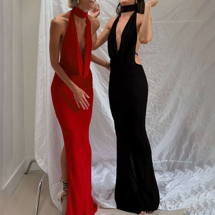 Damen Elegantes Maxikleid mit tiefem V-Ausschnitt und seitlichen Cut-Outs Drune