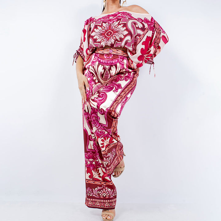 Damen Edles Kombination Outfit mit weitem Bein und eleganten Muster Drune