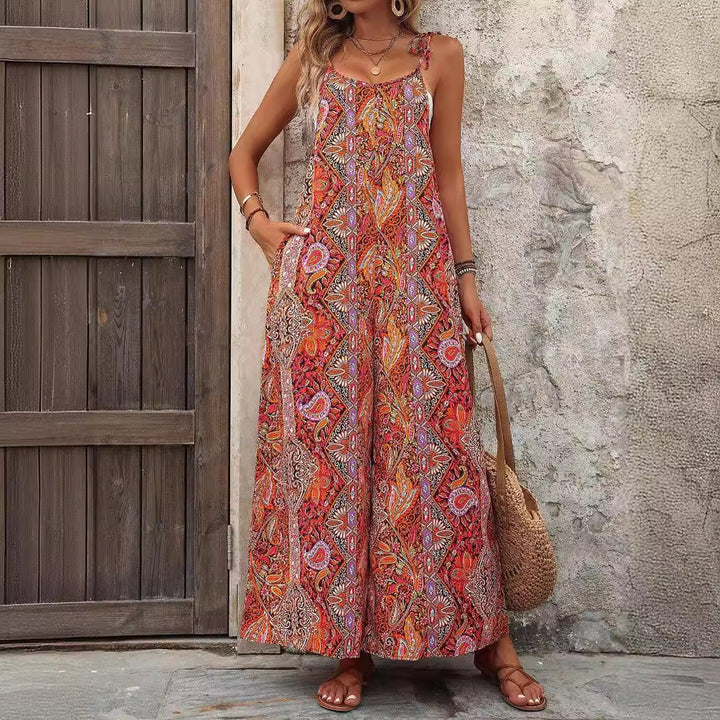 Damen Weiter Palazzo-Overall mit verstellbaren Trägern, Seitentaschen und Boho-Print Drune