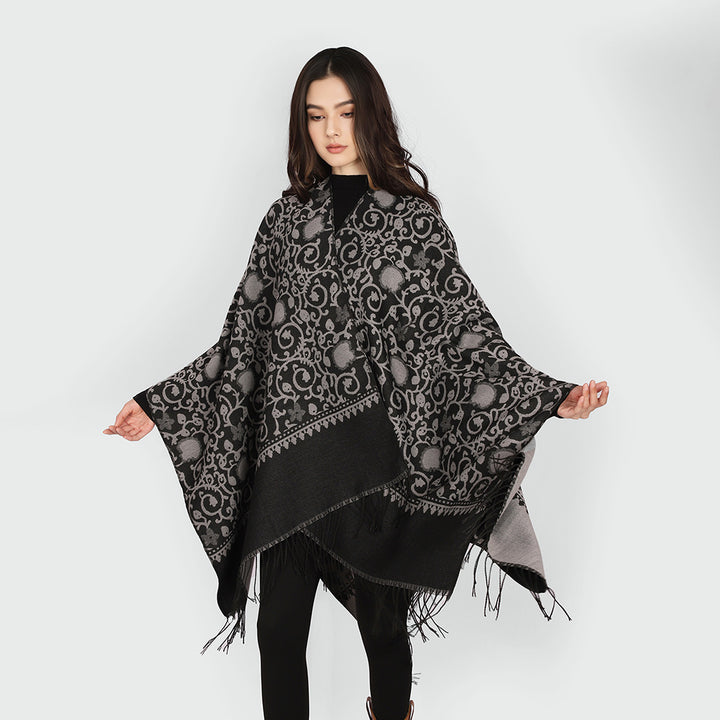 Damen Jacquard-Ruana mit ornamentalem Bordürenmuster und Fransensaum Drune