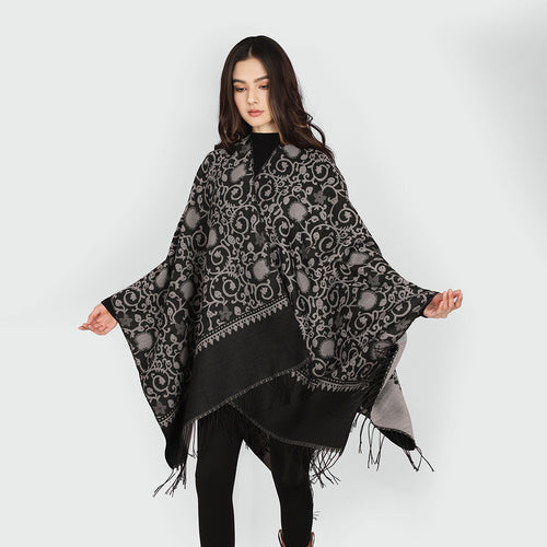 Damen Jacquard-Ruana mit ornamentalem Bordürenmuster und Fransensaum Drune