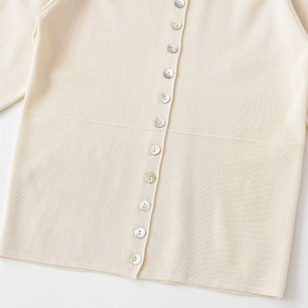Damen kurzärmlige Strickjacke mit Knöpfen und raffinierter Raffung Drune