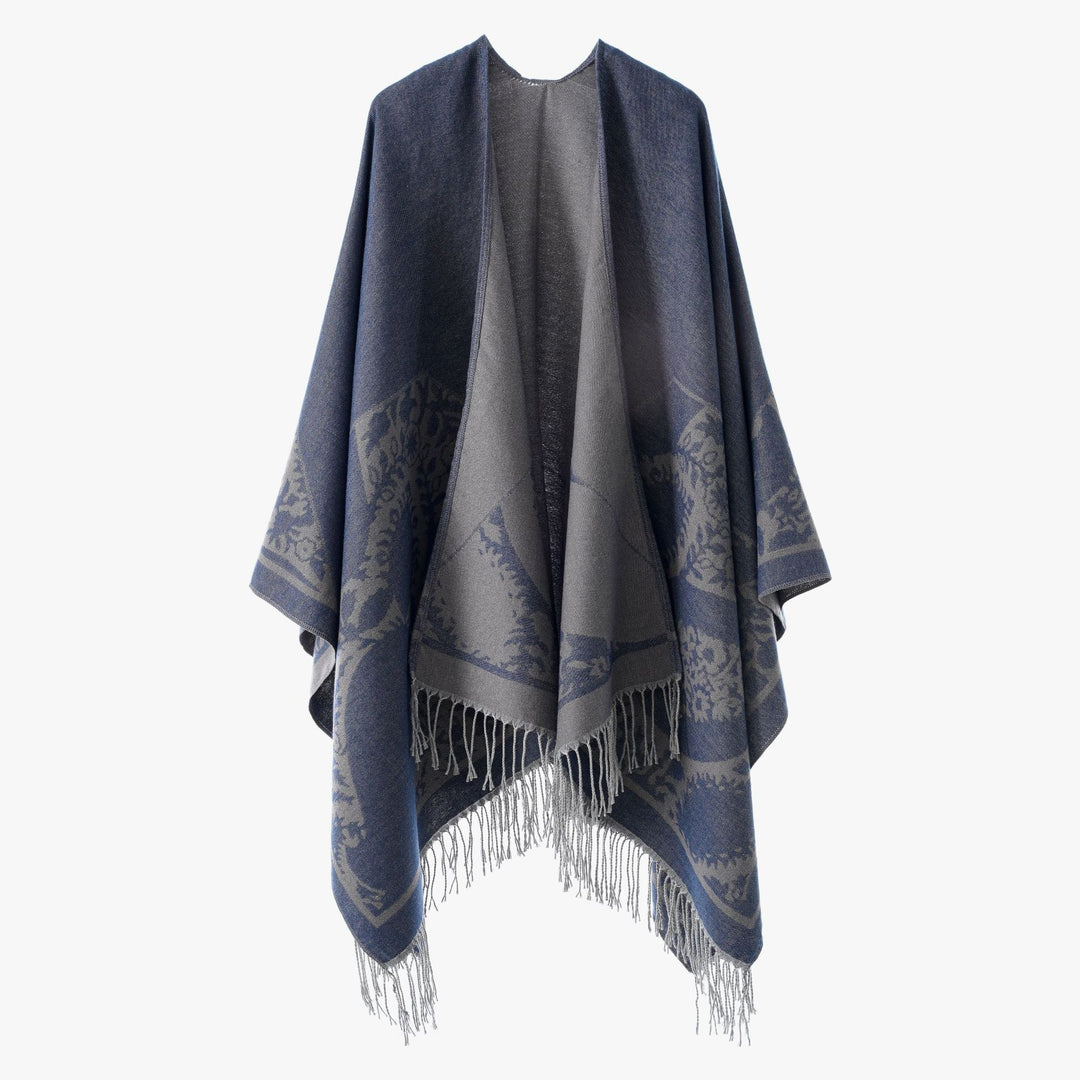 Damen Wendbarer Feinstrick-Poncho mit Jacquardmuster und Fransensaum Drune