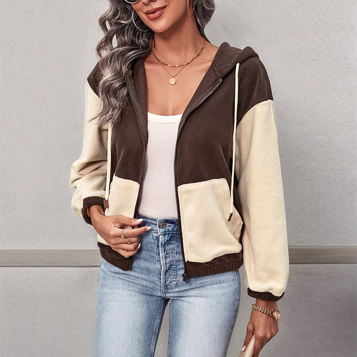 Damen Colorblock-Fleecejacke mit Kapuze, Reißverschluss und Kängurutaschen Drune