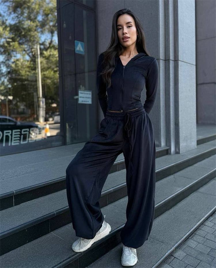 Damen Lounge-Set mit taillierter Kapuzenjacke und extraweiter Palazzo-Jogginghose Drune