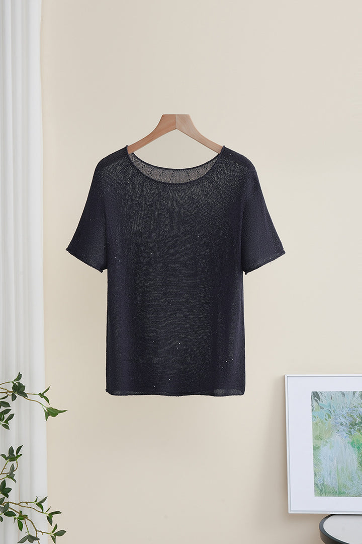 Damen Weiches Feinstrick-T-Shirt mit halbarm, weiter U-Boot-Ausschnitt und feiner Struktur Drune