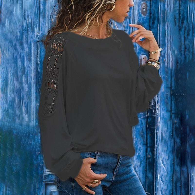 Damen lässiges Langarmshirt mit Spitzen-Akzenten und modischem Schnitt Drune