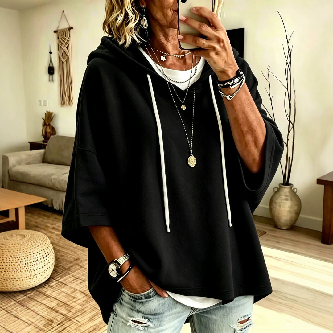 Damen Kurzarm-Oversize-Hoodie mit Kapuze und Kontrastkordel Drune