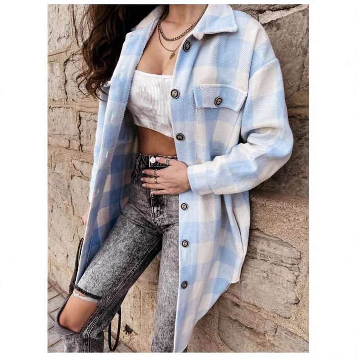 Damen Oversized Karo-Hemdjacke mit praktischen Taschen und Knopfdetails Drune