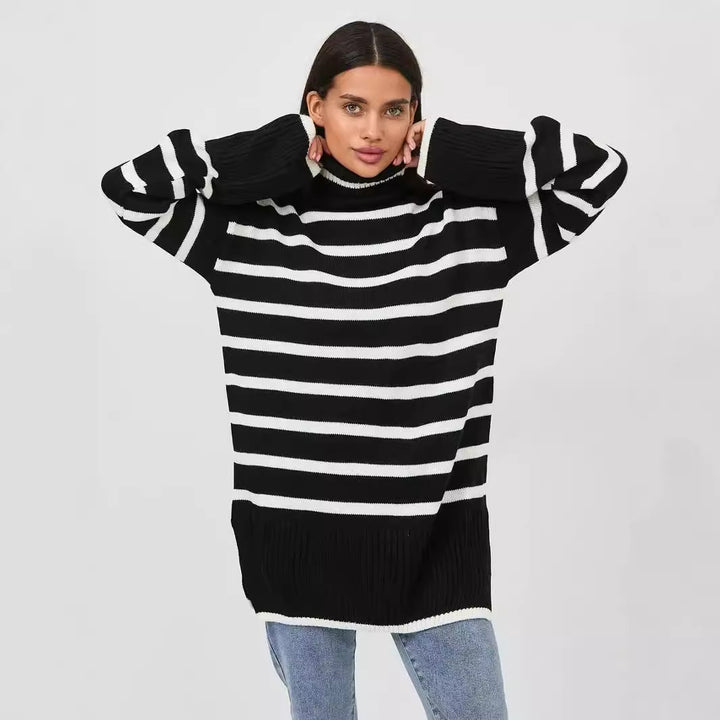Damen gestrickter Rollkragenpullover mit modernem Streifenmuster und weitem Schnitt Drune