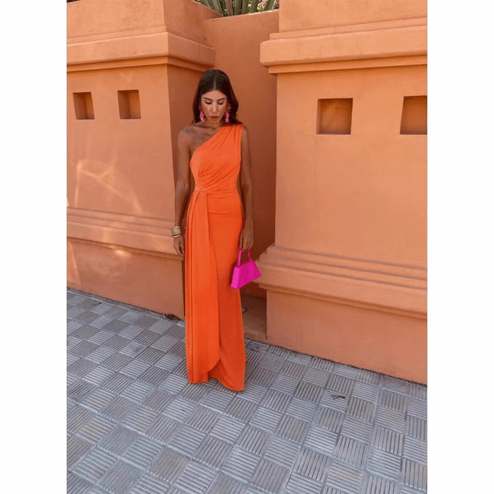Damen Maxikleid mit asymmetrischem Ärmeldesign und eleganter Drapierung Drune