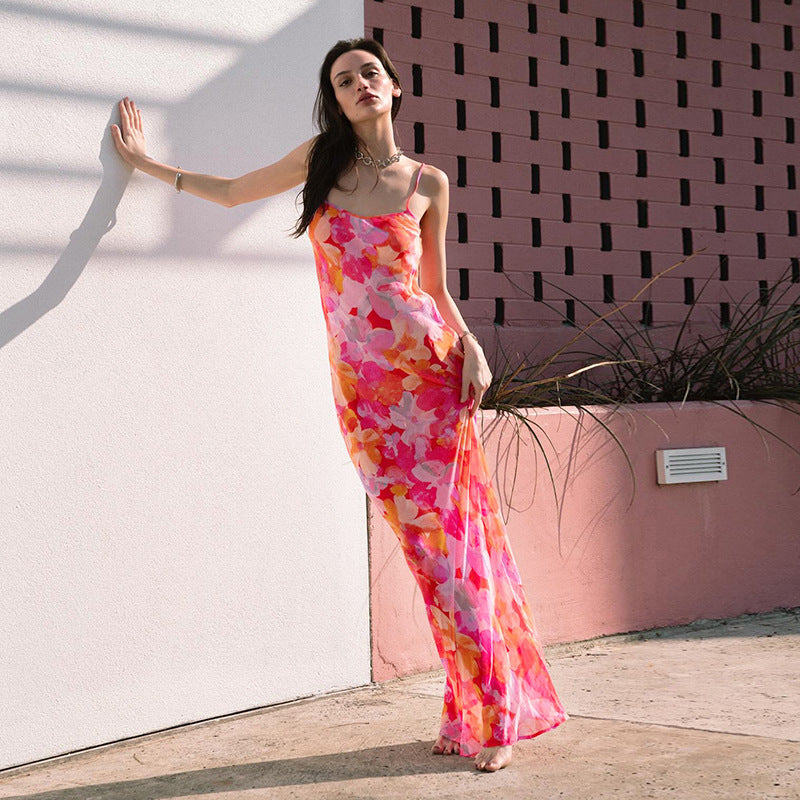 Damen Elegantes Floral-Maxikleid mit zarten Spaghettiträgern und fließendem Schnitt Drune