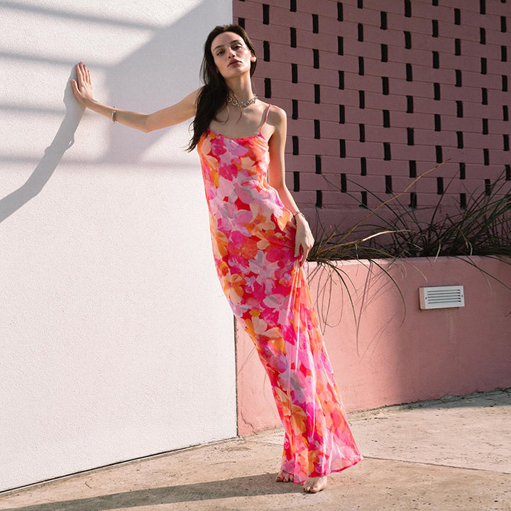 Damen Elegantes Floral-Maxikleid mit zarten Spaghettiträgern und fließendem Schnitt Drune