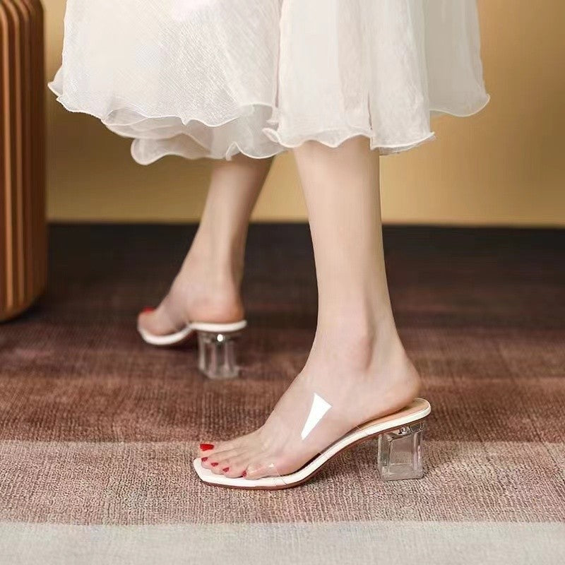 Damen Minimalistische Doppelriemen Mules mit transparentem Obermaterial und geometrischem Blockabsatz Drune