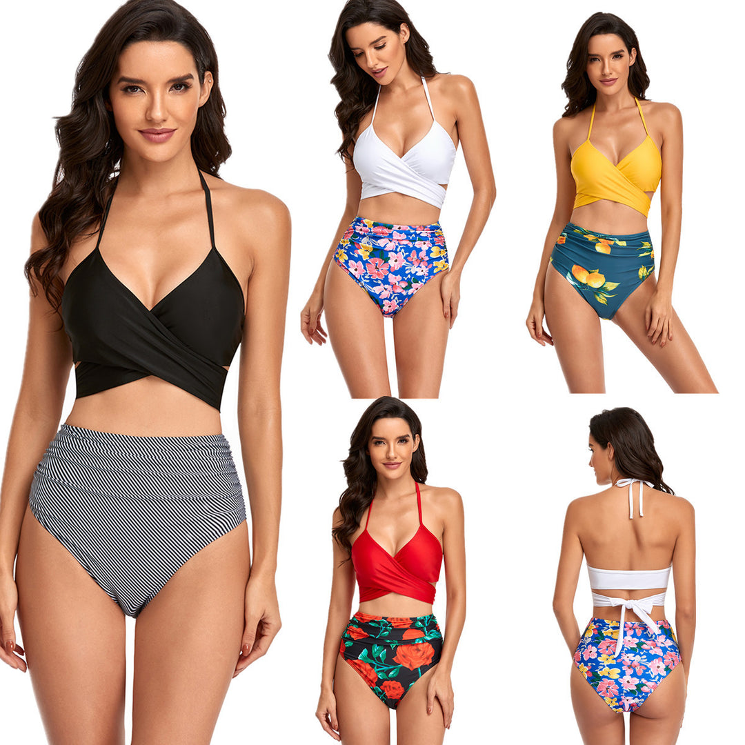 Damen Hochtailliertes Bikini-Set mit Wickeloberteil und floralen Akzenten Drune