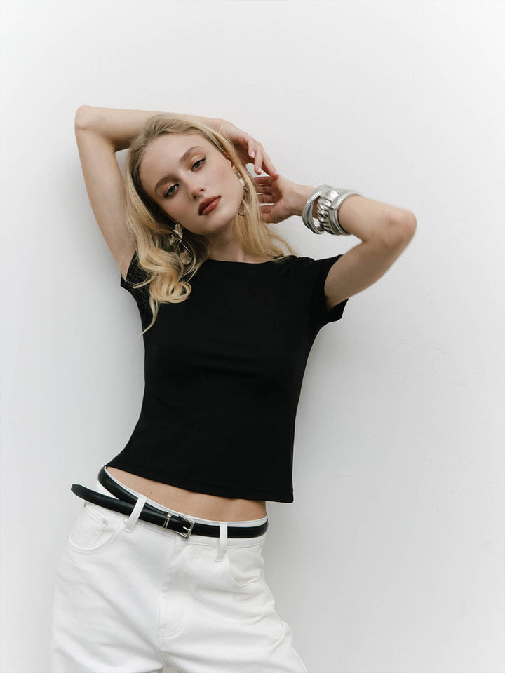 Damen Figurbetontes Basic-T-Shirt mit Rundhalsausschnitt Drune