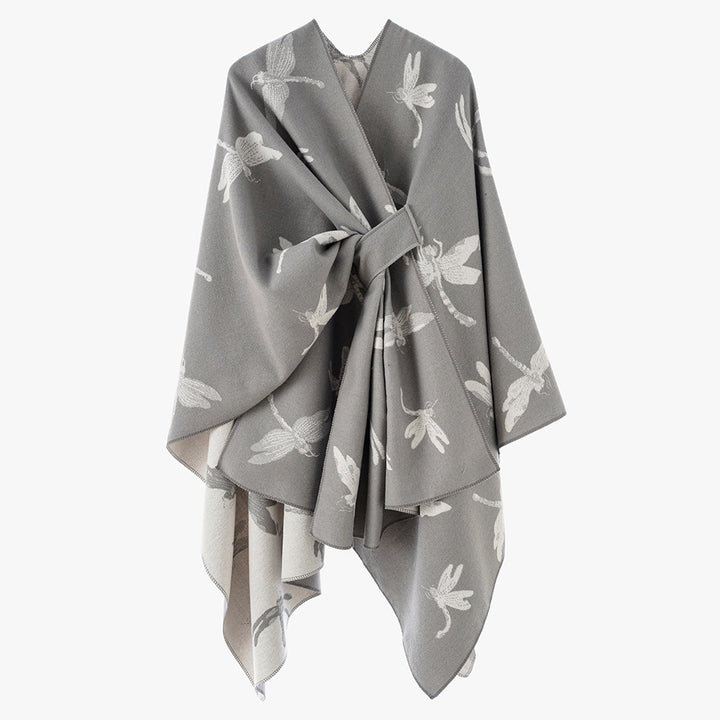Damen Reversibler Jacquard‑Capeponcho mit feinem Insekten‑Jacquard und Bindeschlitz Drune
