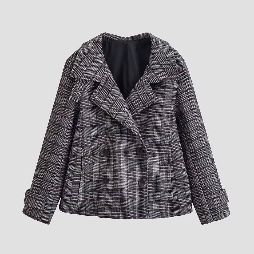 Damen Kurzer Doppelreihiger Glencheck‑Mantel mit weitem Revers Drune