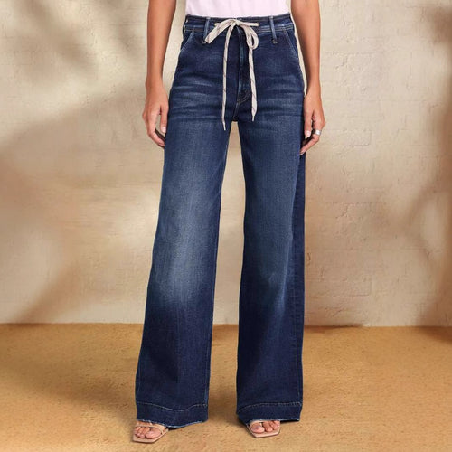 Damen nan hochgeschnittene weitgeschnittene Jeanshose mit Tunnelzugbund und weitem Bein Drune